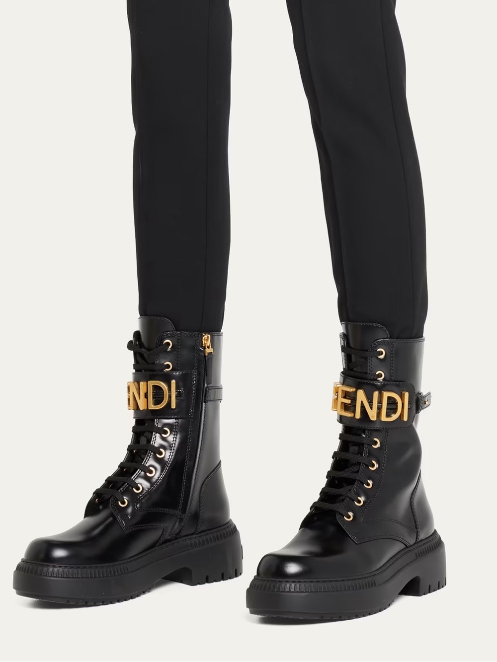 Fendi Black Leather Combat Boots with Gold Logo Buckle